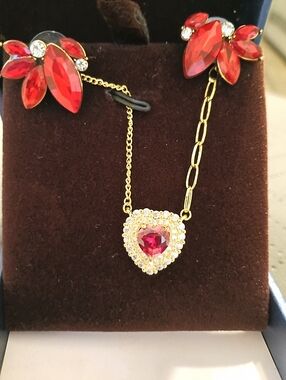 Gold Heart Pendant Chain with Red Crystal Accents - Women Jewelry